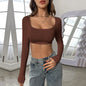 Autumn Winter Women Clothing Sports Casual Cropped Knitted High Elastic Long Sleeved T shirt Top