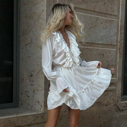 V neck Pleating Bell Sleeve Ruffled White Dress Spring Women Design Petti dress