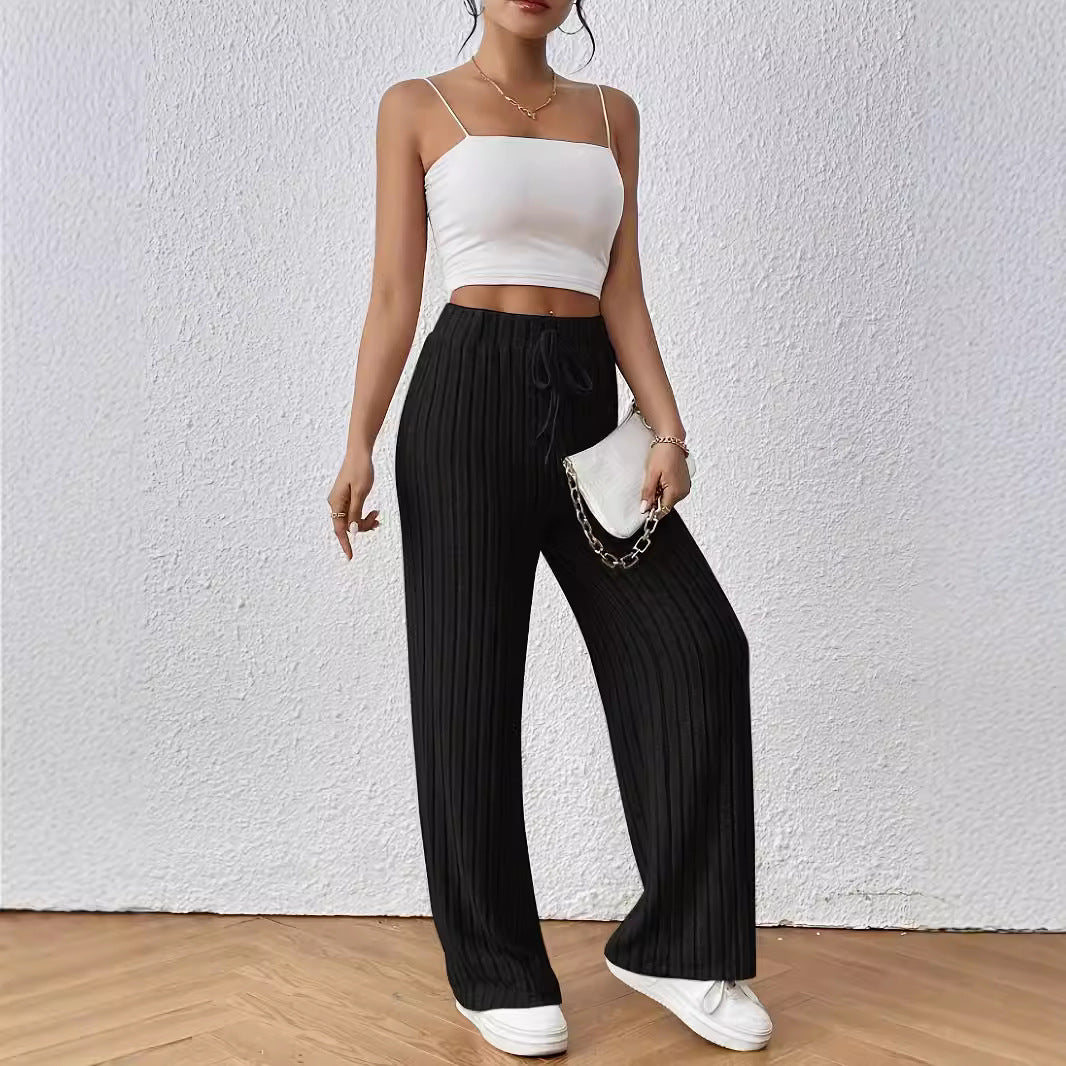 Pants Knot Waist Texture Knitted Wide Leg Trousers Elastic High Waist Solid Color Casual Loose Straight Women Pants