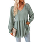 Autumn Winter Solid Color V neck Patchwork Jacquard Long Sleeve Loose-Fitting T-shirt Top Ladies