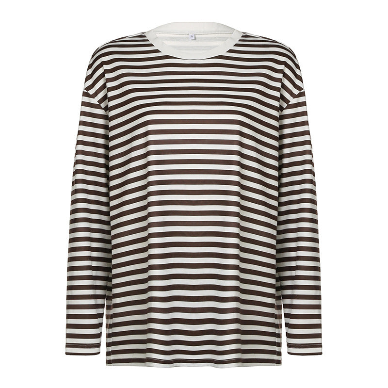 Street Retro Contrast Color Striped Basic Loose T Shirt Autumn Sexy Thin Round Neck Long Sleeve