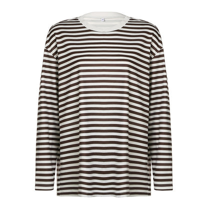 Street Retro Contrast Color Striped Basic Loose T Shirt Autumn Sexy Thin Round Neck Long Sleeve