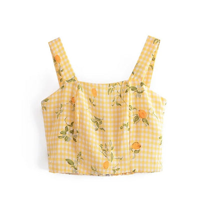 Pastoral Plaid Lemon Printing Short Vest Fresh Sweet Top Sexy Backless Slim-Fit Figure Sling