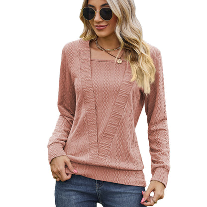 Autumn Winter Solid Color Square Collar Cross Loose Long Sleeved T shirt Top Women