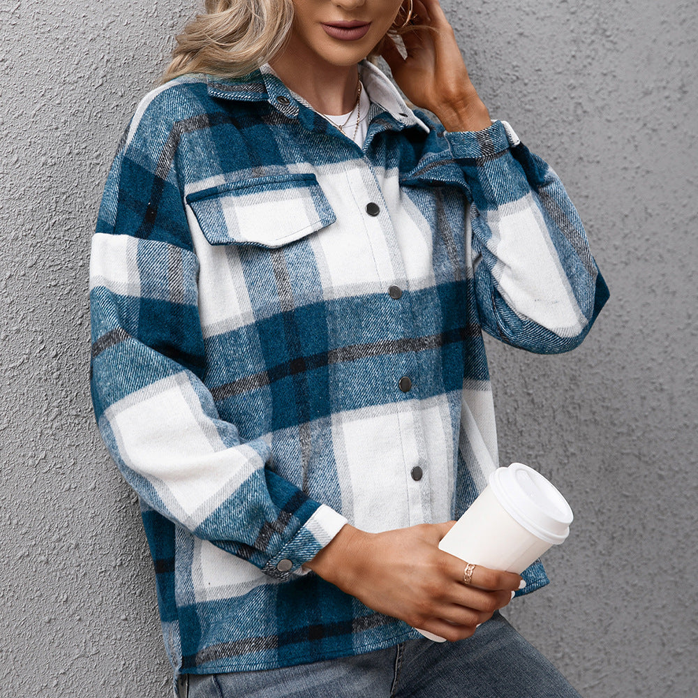 Thickened Cashmere Long-Sleeved Plaid Jacket Loose Casual shacket Jacket Plush Plaid Jacket Coat for Women