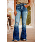 Women Clothing Blue Color Ripped Flared Jeans Washed out Vintage Denim Trousers Women