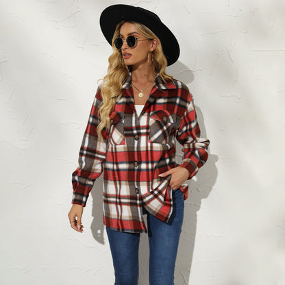 Autumn Winter Women Clothing Collared Plaid Color Matching Single Breasted Woolen Casual Coat for Women