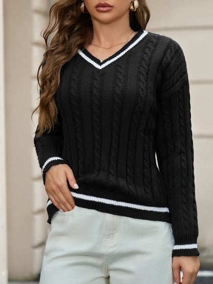 Spring Autumn Elegant V Neck Pullover White Edge Long Sleeve Sweater Women Twist Thread Knitted Top