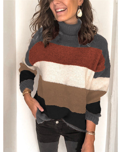 Autumn Winter Turtleneck Patchwork Knitwear Plus Size Women Striped Sweater Women