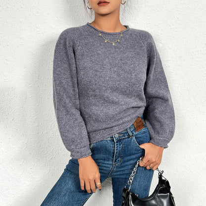 Women Clothing Spring Autumn Pullover Round Neck Threaded Long Sleeve Sweater Solid Color Casual Top