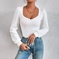 Autumn Winter Women Clothing V neck Puff Sleeve Slim Fitting Women  T-shirt Long Sleeve Lace French Top