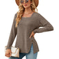 Autumn Winter Square Collar Button Slit Loose Long Sleeve T shirt Top Women