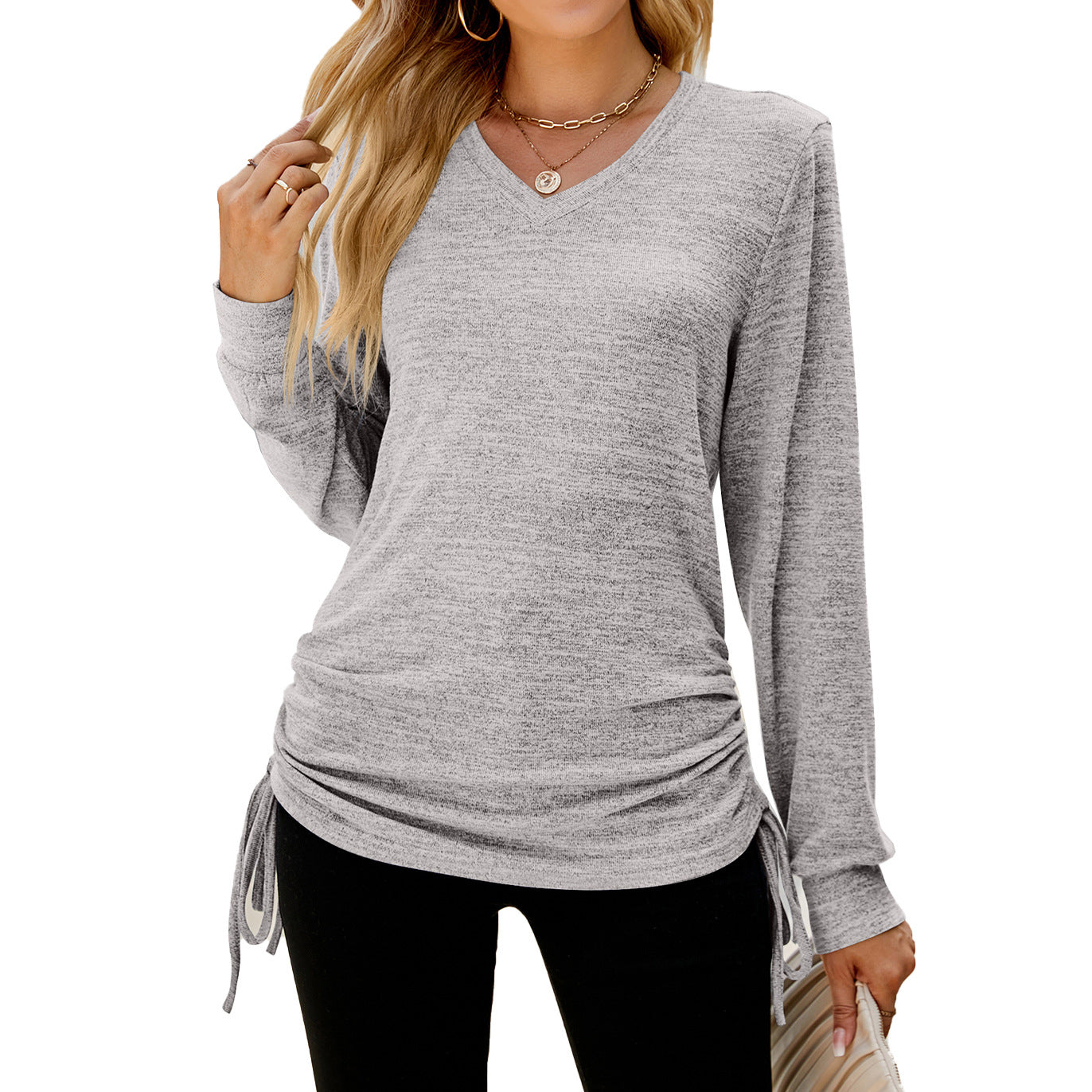 Autumn Winter Solid Color Long Sleeve V neck Pleating Loose itting T shirt Top Ladies