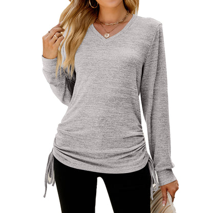 Autumn Winter Solid Color Long Sleeve V neck Pleating Loose itting T shirt Top Ladies