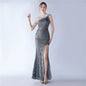 Decorative Ostrich Feather off Shoulder Collar Sequined The Dinner Party Nightclub Dress Long Evening Dress