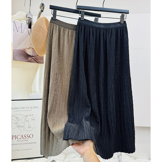 Autumn Pleated Casual Skirt Draping Effect Waist Tight Slimming Skirt Flab Hiding Cover A Line Skirt