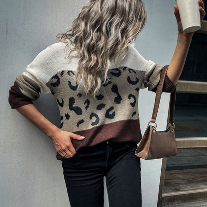 Autumn Winter Casual Women Long Sleeve Leopard Print Contrast Color Sweater