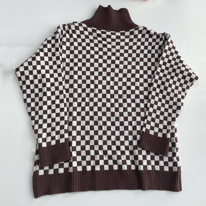 Autumn Winter Chessboard Plaid Stand Collar Color Matching Sweater Women Loose Soft Knitted Top