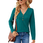 Autumn Winter Solid Color V neck Button Loose Long Sleeved T shirt Top Women Clothing Button