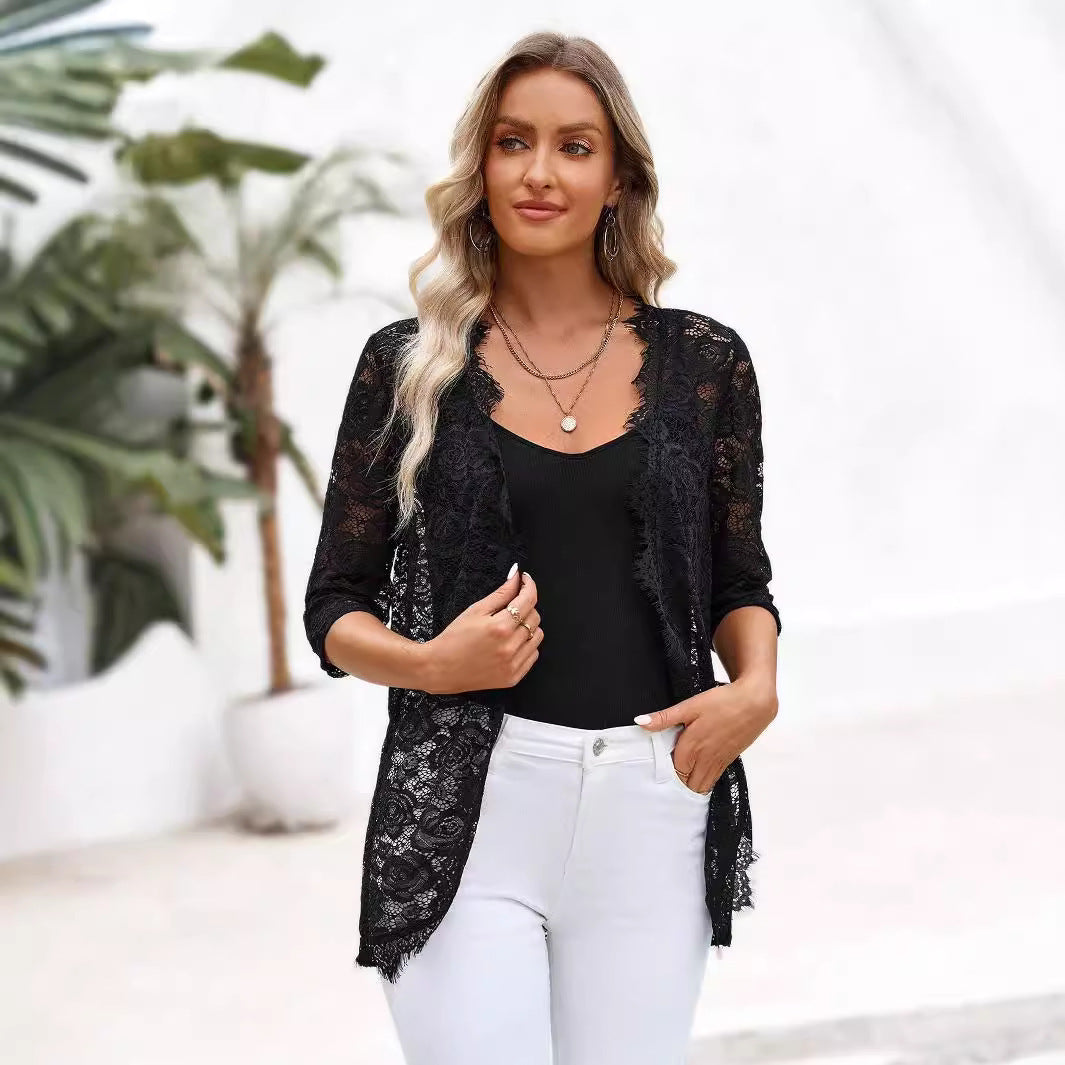 Elegant Women Cardigan Placket Stitching Lace Lace Lace Top