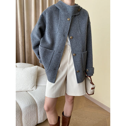 French Light Mid Ancient Design Cape Hooded Double Faced Woolen Goods Wool Overcoat Small Coat