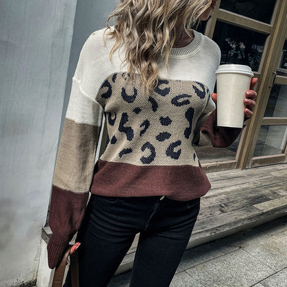 Autumn Winter Casual Women Long Sleeve Leopard Print Contrast Color Sweater