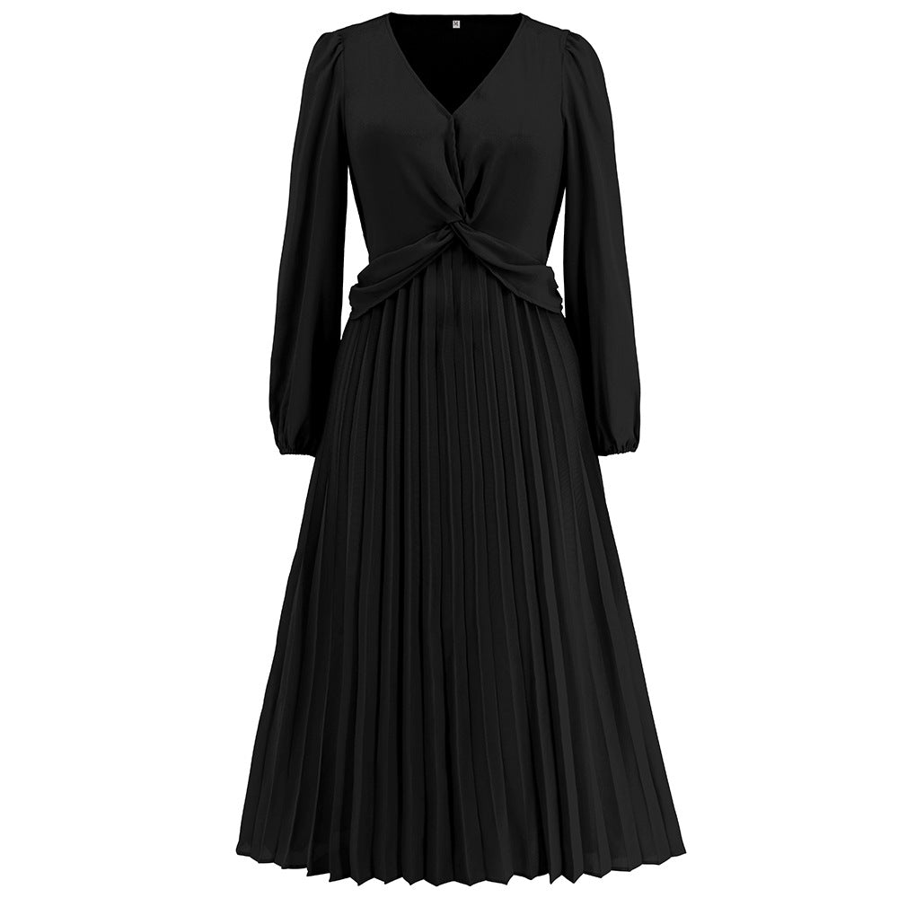 Women Clothing Long Sleeve V Neck Slim Fit Pleated Dress Solid Color Lantern Sleeve Maxi Dress Popular