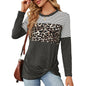 Autumn Winter round Neck Leopard Stripe Stitching Twist Loose Long Sleeve T shirt Women