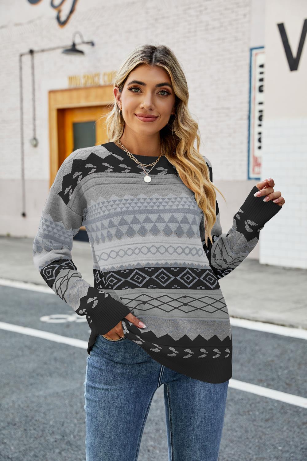 Autumn Winter Retro Pattern Rhombus Jacquard Multi Color Knitwear Loose Crew Neck Pullover Sweater Women