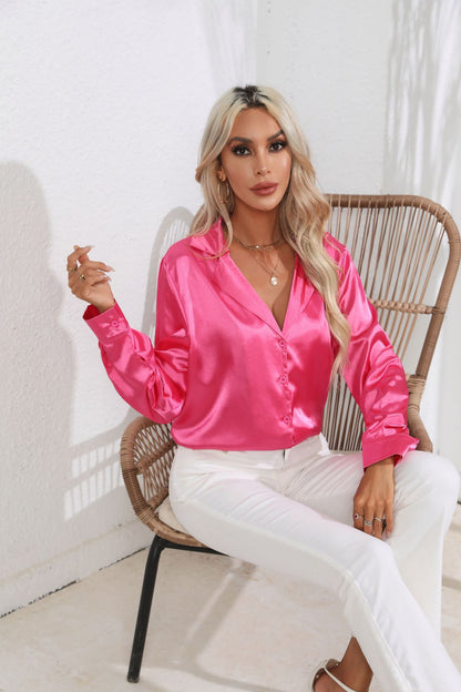 Collar Satin Shirt Women Satin Artificial Silk Long Sleeve Shirt Women Clothing