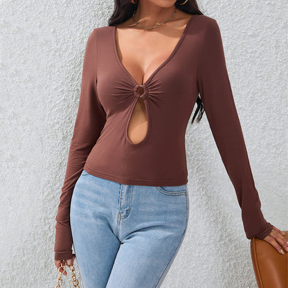 Women Clothing Personality Hollow Out Cutout Out Sexy T Shirt All Match Knitted Slimming Slim Fit Long Sleeve Underwear Top