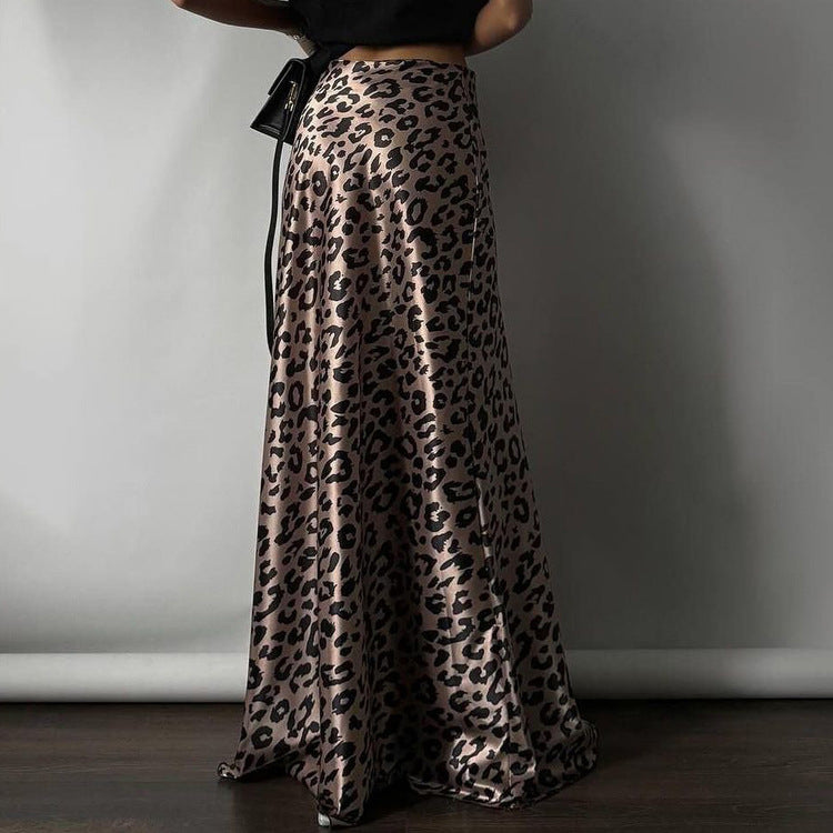 Women Clothing Satin Draping Skirt Leopard Print Sexy Sheath Fishtail Skirt Floor Length Dress