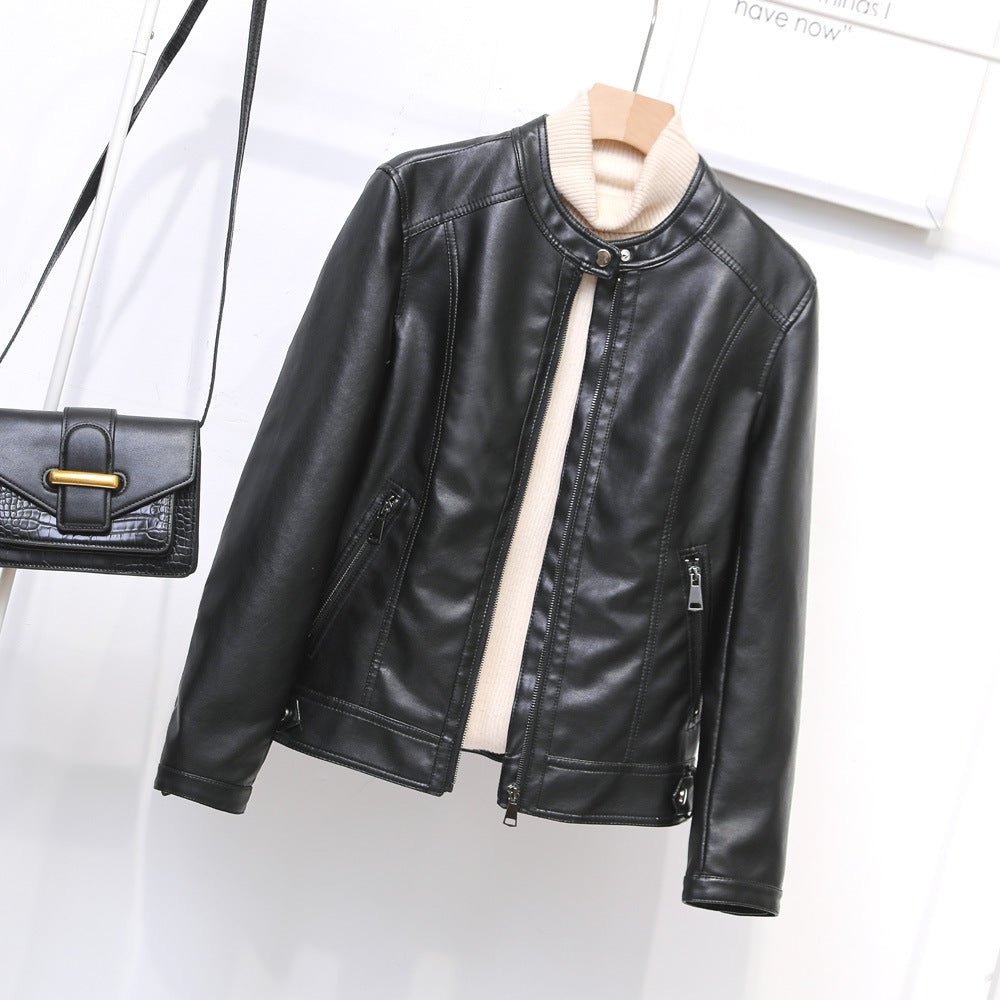 Fall Women Short Stand Collar Faux Leather Motorcycle Simple Leather Jacket Casual Coat