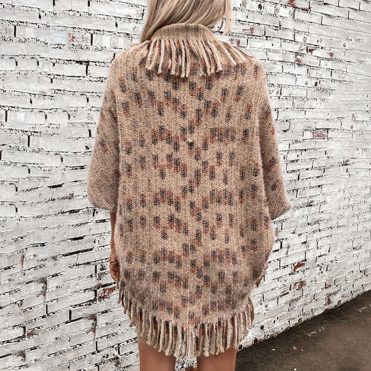 Colored Plaid Knitted Tassel Shawl for Women Autumn Winter Casual Loose Sweater Cape