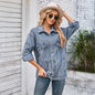 Women Clothing Autumn Washed Loose Long Sleeve Denim Coat Top