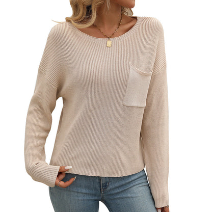 Women Clothing Popular round Neck Pocket Decorative Top Long Sleeved Sweater