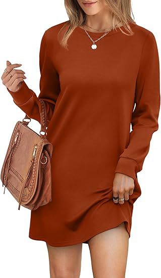 Women Clothing Burst Round Neck Back Fold Pocket Long Sleeve Sweater Dress