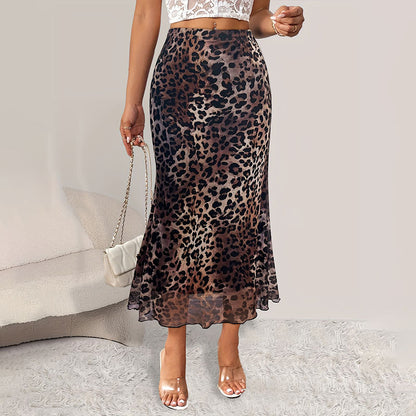 Women Clothing Skirt Sexy Leopard Print Elastic Mesh See through Skirt Knitted All Matching Fishtail Skirt Long Skirt