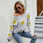 Autumn Winter Women Ripped Pullover Knitted Sweater Cute Smiley FaceLoose Long Sleeve V-neck Sweater