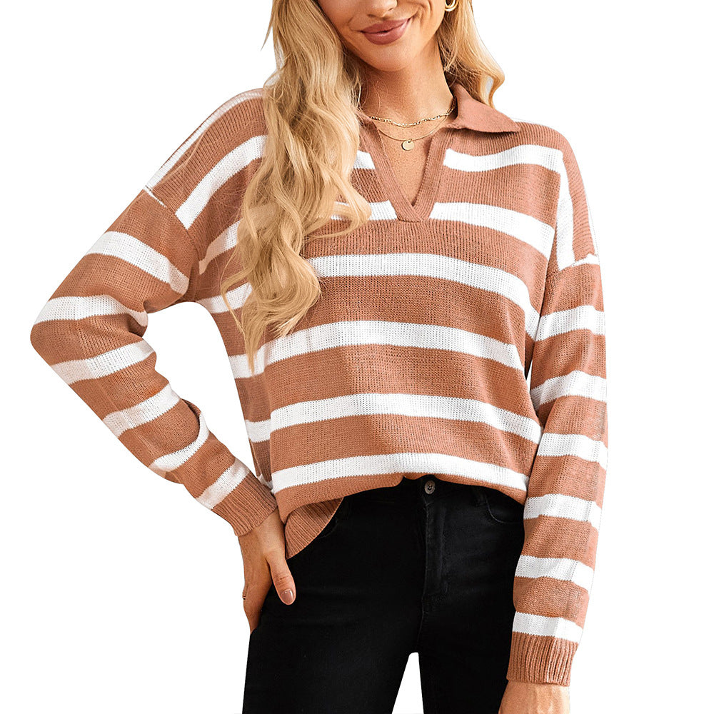 Autumn Winter Women Clothing Polo Collar Stripes Contrast Color Long Sleeves Casual Sweater