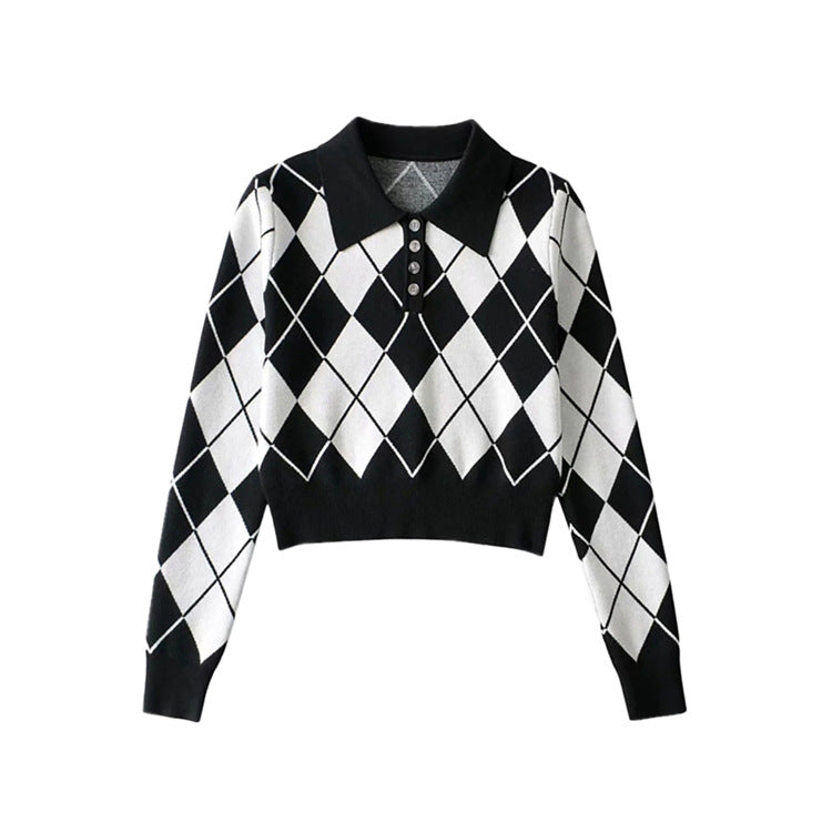 College Polo Collar Short Pullover Top Diamond Lattice Contrast Color Long Sleeves Knitwear Autumn