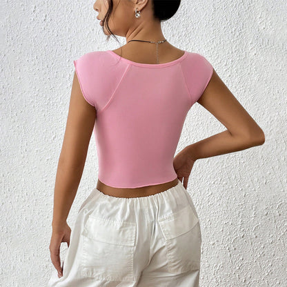 Women Clothing Sexy Solid Color Square Collar Split Sexy Short Sleeved Top with Cropped T Shirt