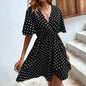 Popular V Collar Polka Dot Waist Tight Summer Dress Women