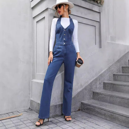 Women Wear Casual Slimming High Waist Straight Leg Denim Jumpsuit Trousers