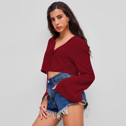 Sexy V Neck T Shirt Autumn Winter Chest Lace Up Niche Wine Red Cardigan Top Women