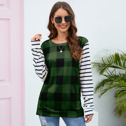 Plaid Long-Sleeved Sweater round Neck Striped Sweater Plush