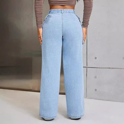 Women Clothing Casual Wide Leg Large Pocket Denim Trousers