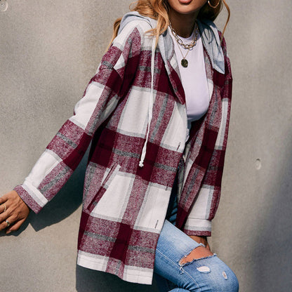 Plaid Shacket   Hooded Loose Casual Shacket Jacket Outerwear