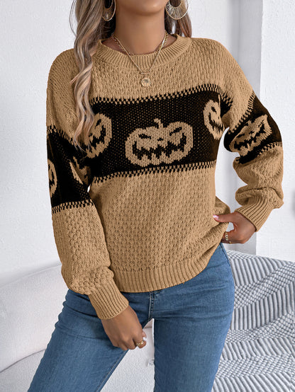 Autumn Winter Halloween Theme Pumpkin Head Contrast Color Knitted Long Sleeve Pullover Women Clothing