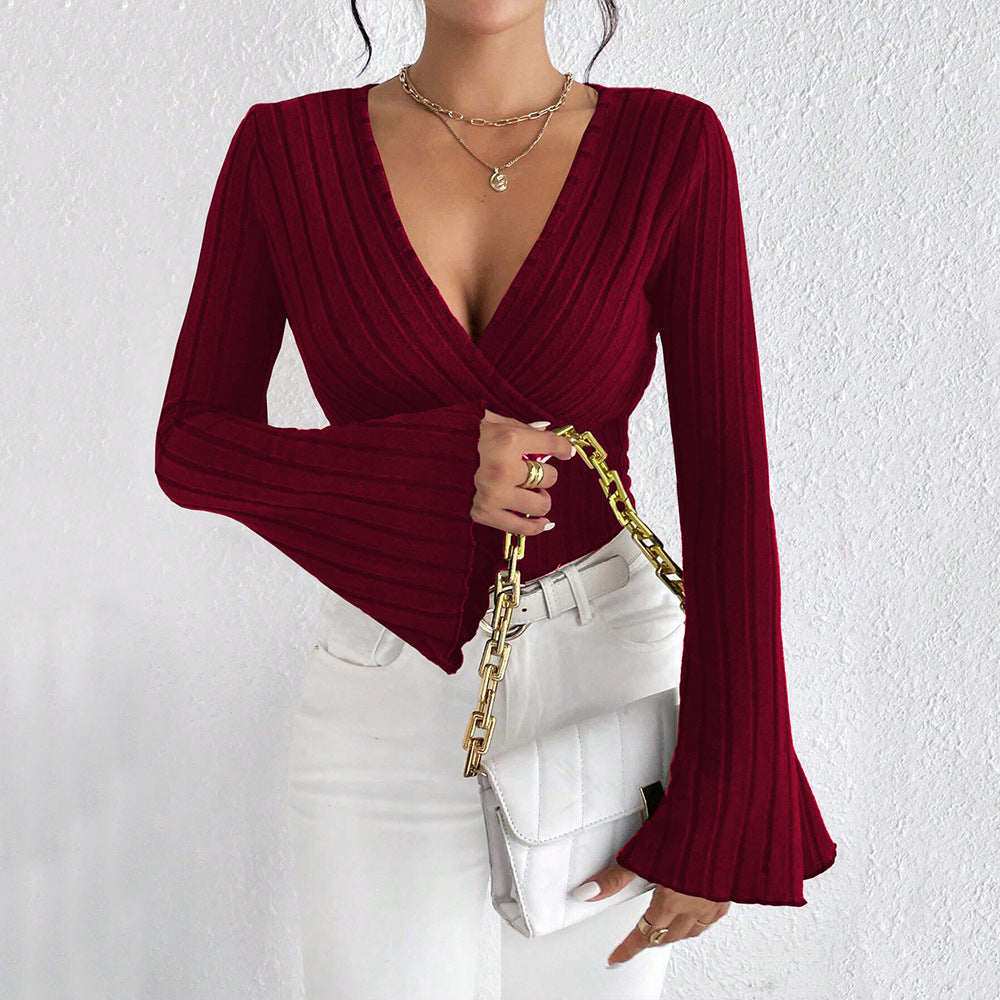 Women V neck Flared Sleeves Wine Red T shirt Fall/Winter Slim Bottoming Shirt Top